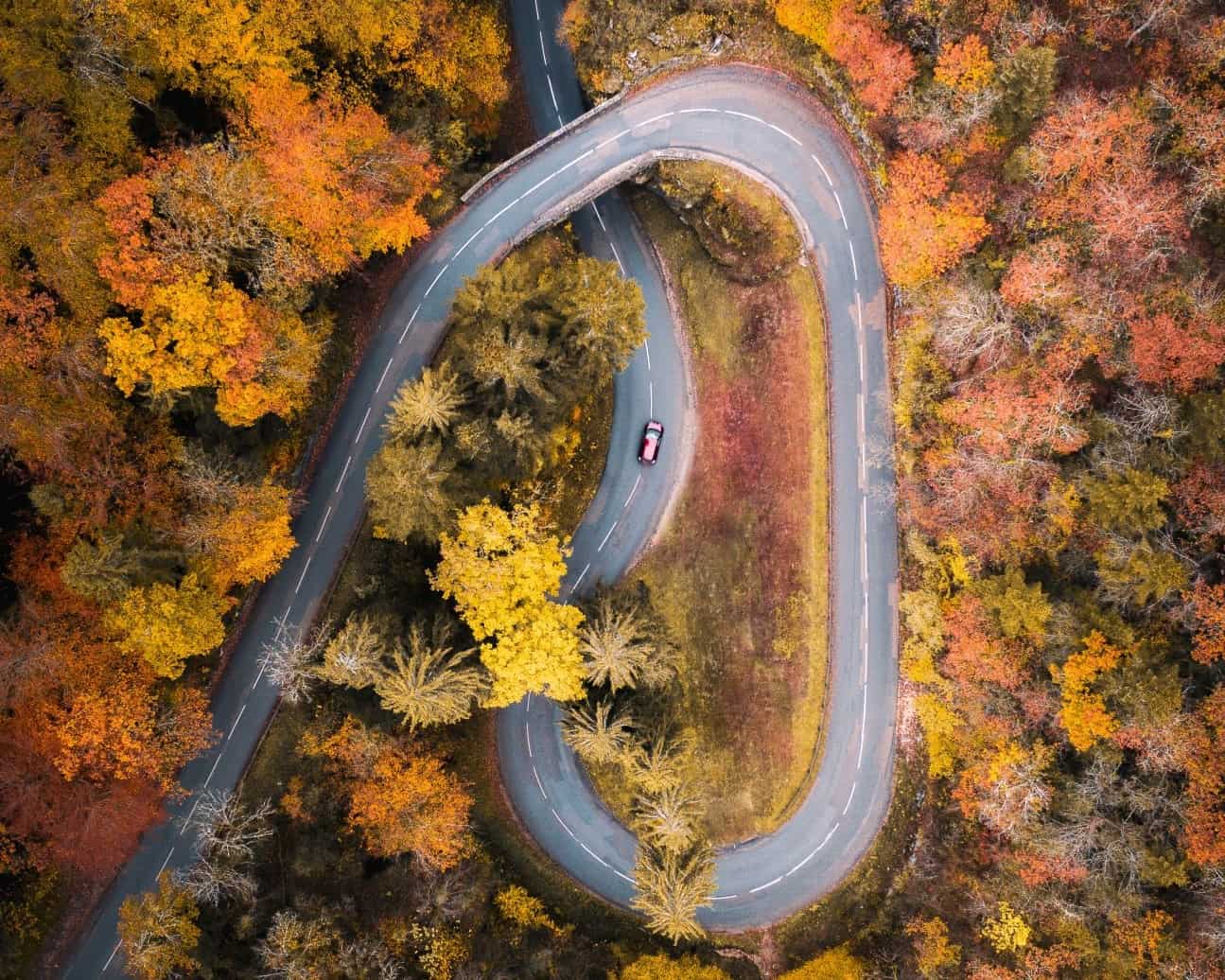 Aerial of windy road in autumn forest